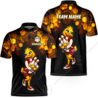 Custom Bowling Jersey Polo Shirt, Golden Glow Varsity Duckling Mascot, Custom Bowling Jersey Team Shirt For Players With Name and Team Name