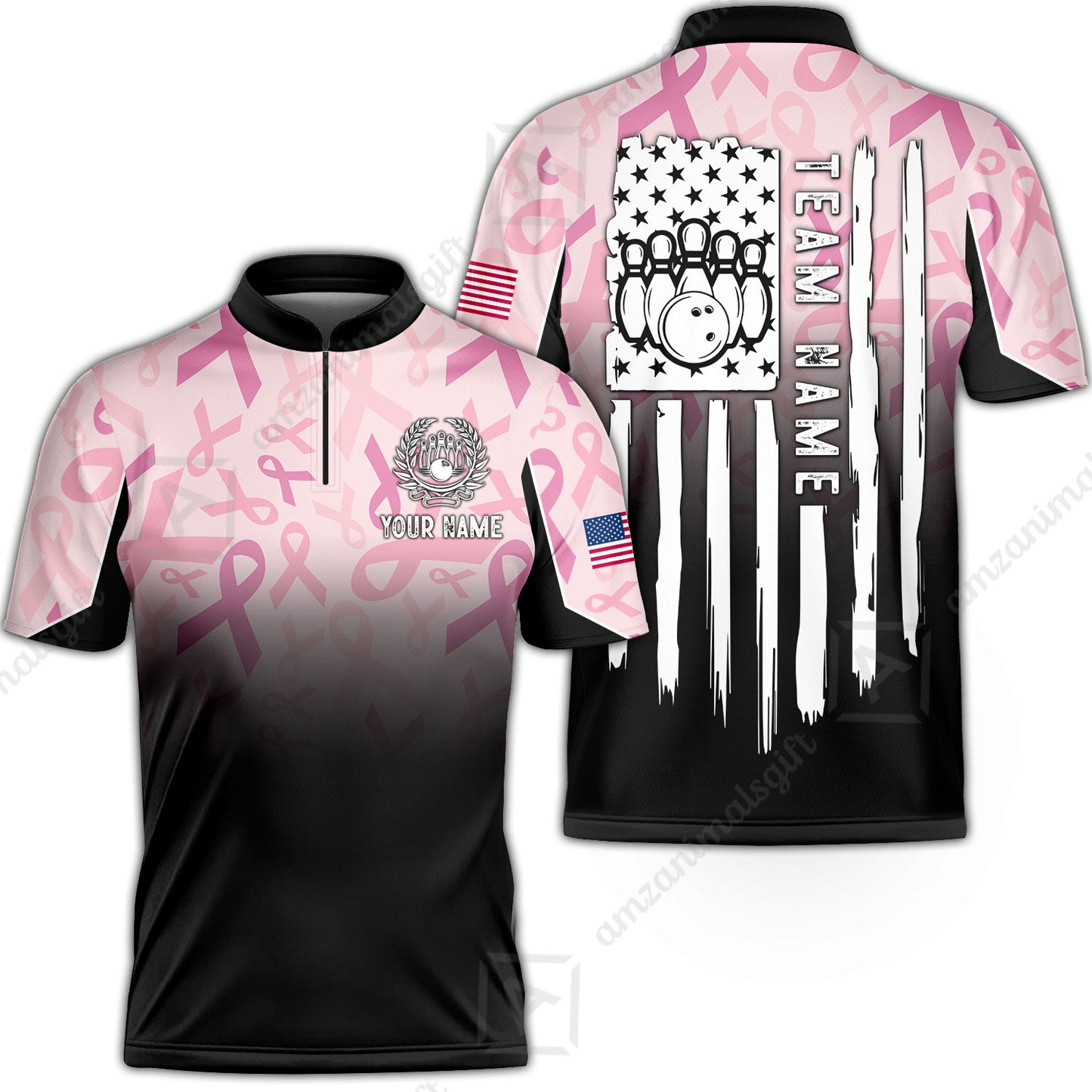 Custom Bowling Jersey Polo Shirt, Ribbon Breast Cancer Awareness Flag, Custom Bowling Jersey Team Shirt For Players With Name and Team Name