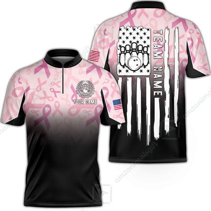 Custom Bowling Jersey Polo Shirt, Ribbon Breast Cancer Awareness Flag, Custom Bowling Jersey Team Shirt For Players With Name and Team Name