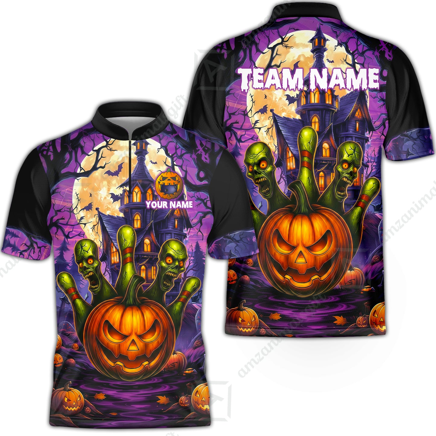 Custom Halloween Bowling Short Sleeve Men Polo Shirt, Halloween Pumpkin Zombie Pins Personalized Shirt with Name and Team Name, Custom Bowling Team Uniforms Jerseys
