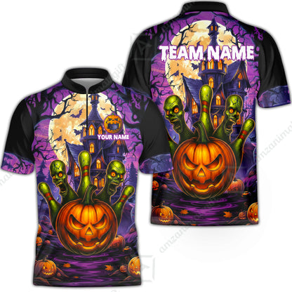 Custom Halloween Bowling Short Sleeve Men Polo Shirt, Halloween Pumpkin Zombie Pins Personalized Shirt with Name and Team Name, Custom Bowling Team Uniforms Jerseys