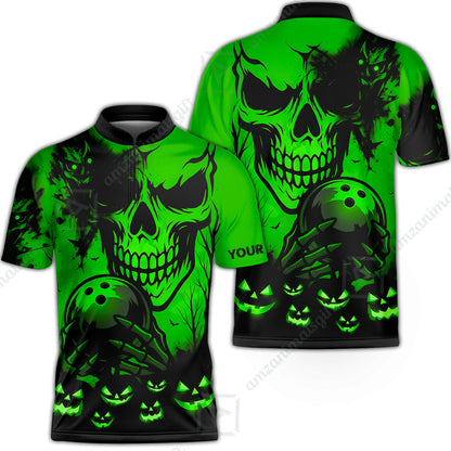 Custom Bowling Jersey Polo Shirt, Pumpkins Skull Halloween, Custom Bowling Jersey Team Shirt For Players With Name & Team Name