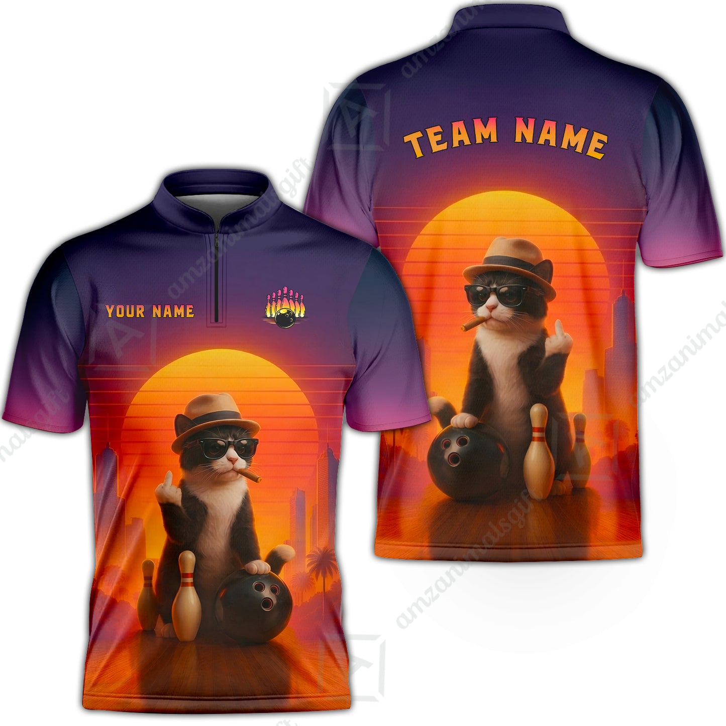 Custom Gangster Cat Bowling Jersey Polo Shirt, Custom Gangster Cat Bowling Jersey Team Shirt For Players With Name & Team Name