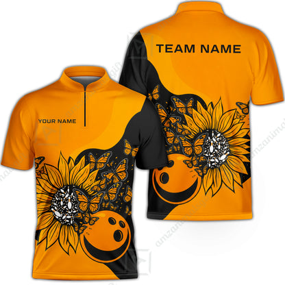 Custom Bowling Jersey Polo Shirt, Radiant Sunflower Butterfly Bloom, Custom Bowling Jersey Team Shirt For Players With Name and Team Name
