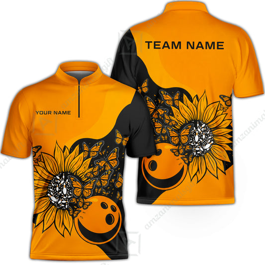 Custom Bowling Jersey Polo Shirt, Radiant Sunflower Butterfly Bloom, Custom Bowling Jersey Team Shirt For Players With Name and Team Name