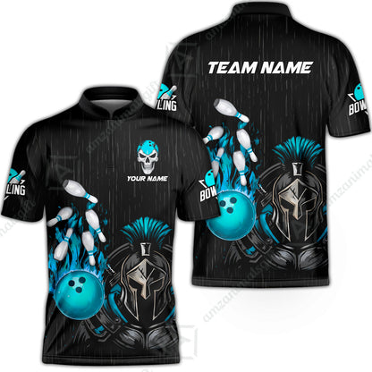 Custom Bowling Jersey Polo Shirt, Fire Bowling Knight Rain Skull Logo, Personalize Name & Team Name