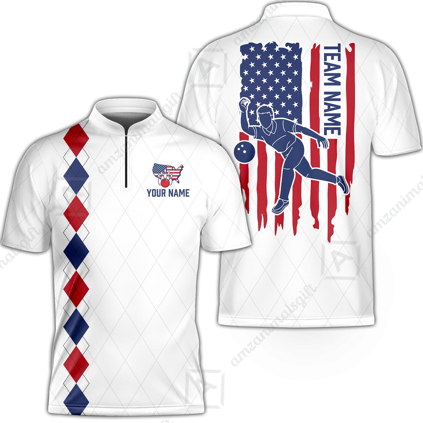 Custom Bowling Jersey Polo Shirt, Patriotic Argyle USA Flag Bowler, Custom Bowling Jersey Team Shirt For Players With Name & Team Name