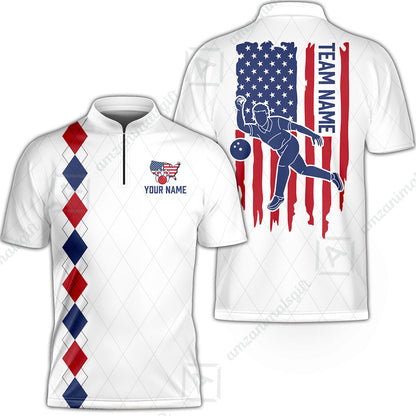 Custom Bowling Jersey Polo Shirt, Patriotic Argyle USA Flag Bowler, Custom Bowling Jersey Team Shirt For Players With Name & Team Name