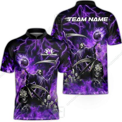 Custom Bowling Team Quarter-Zip Polo Shirt, Grim Reaper Skull With Flame Bowling Lightning Design for Bowlers, Personalized Shirt with Name and Team Name