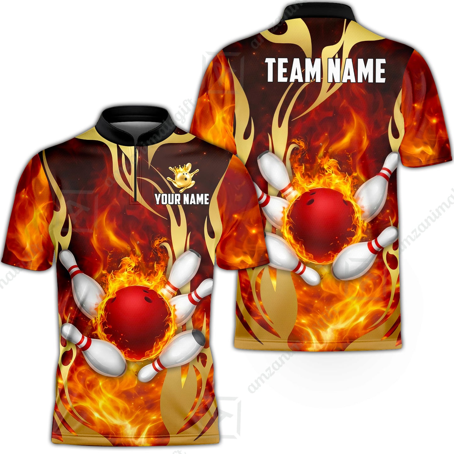 Custom Bowling Jersey Polo Shirt, Abyssal Fire & Golden Flames, Custom Bowling Jersey Team Shirt For Players With Name & Team Name