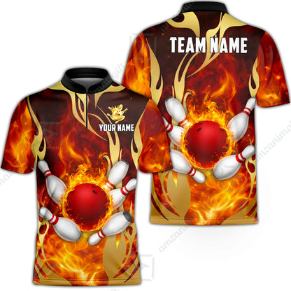 Custom Bowling Jersey Polo Shirt, Abyssal Fire & Golden Flames, Custom Bowling Jersey Team Shirt For Players With Name & Team Name