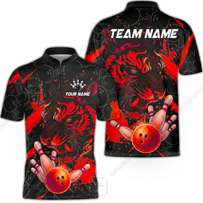 Customized Bowling Unisex Polo Shirt, Tiger Ball Striking Pins, Bowling Uniforms, Personalized Name And Team Name