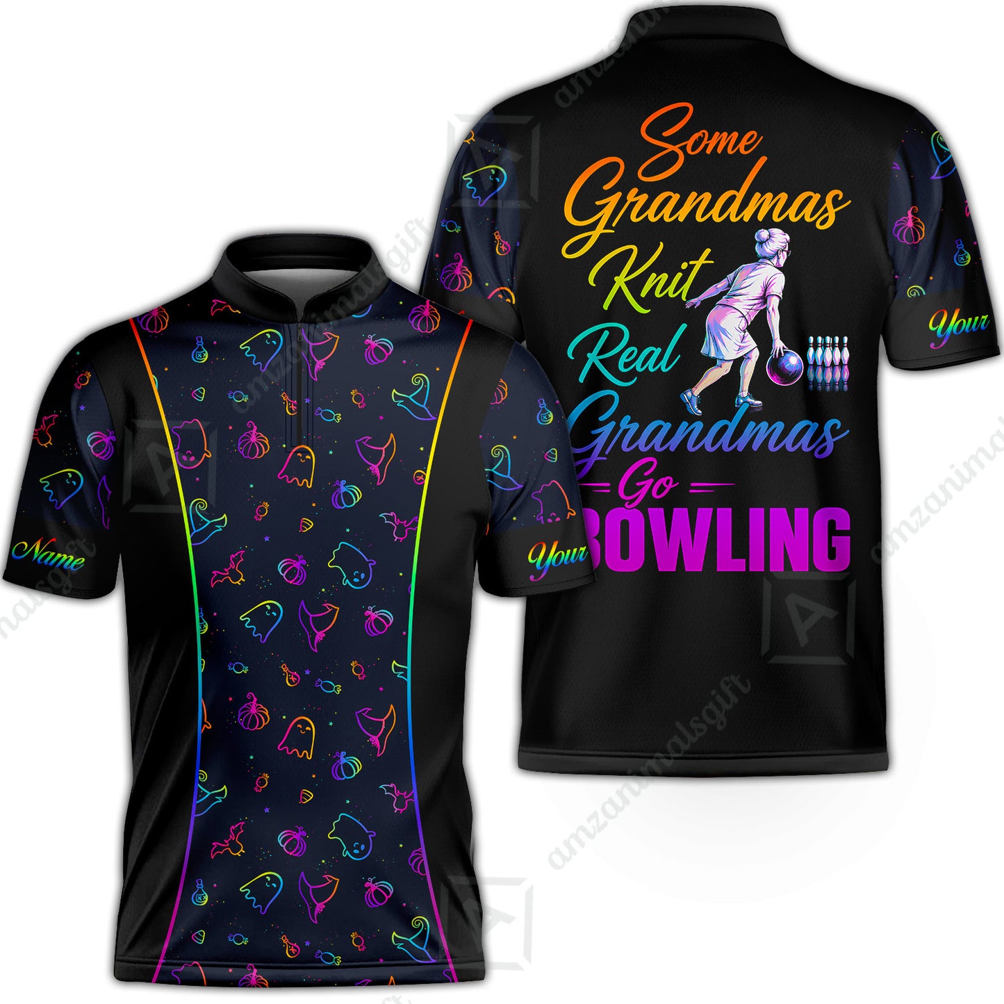 Custom Bowling Jersey Polo Shirt, Some Grandmas Bowl Real Grandmas Play Bowling Halloween Rainbow Pattern, Personalized Name And Team Name