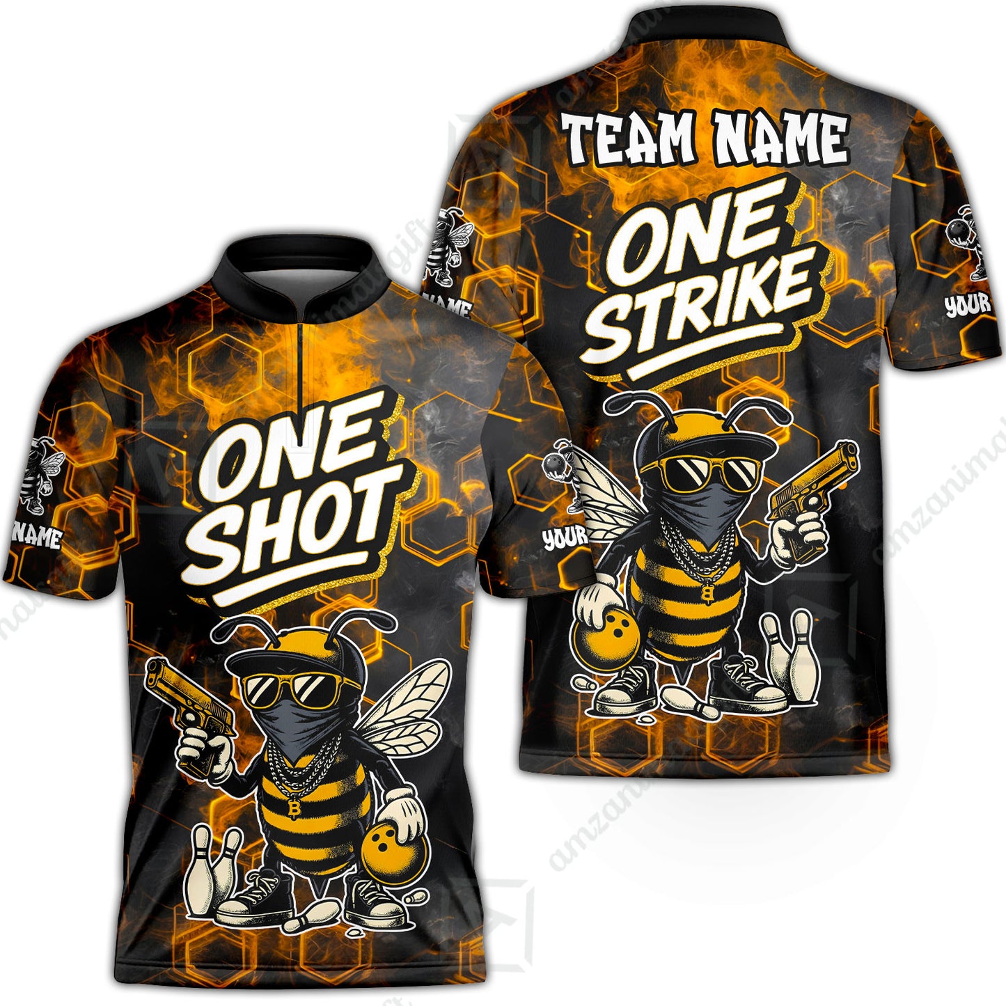 Customized Bowling Unisex Polo Shirt, One Shot HipHop Bee Bowling, Bowling Uniform - Personalized Name And Team Name