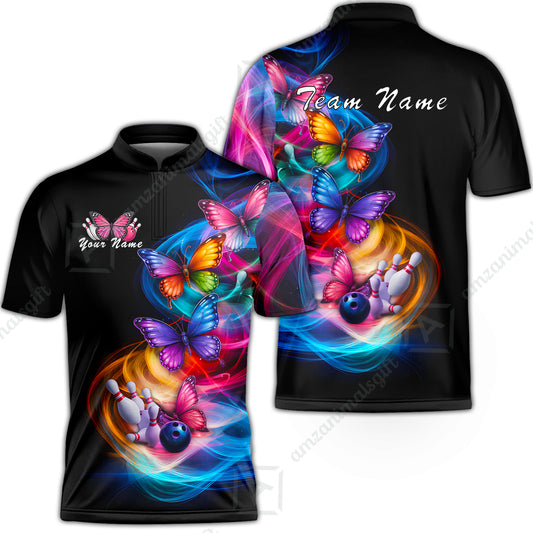 Custom Bowling Jersey Polo Shirt, Artistic Monarch Butterfly Bowling Custom Bowling Jersey Team Shirt For Players With Name & Team Name