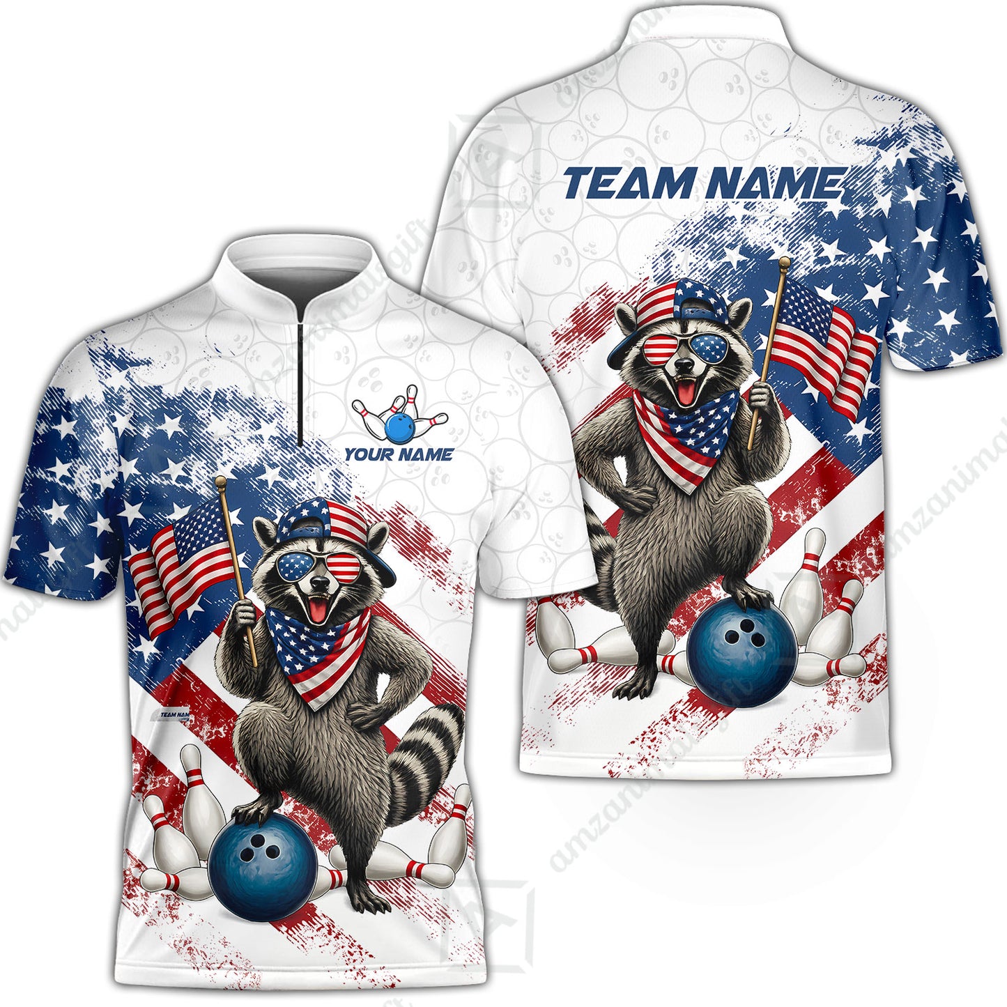 Custom Bowling Jersey Polo Shirt, Racoon America Flag Bowling Pattern, Personalize Name and Team Name