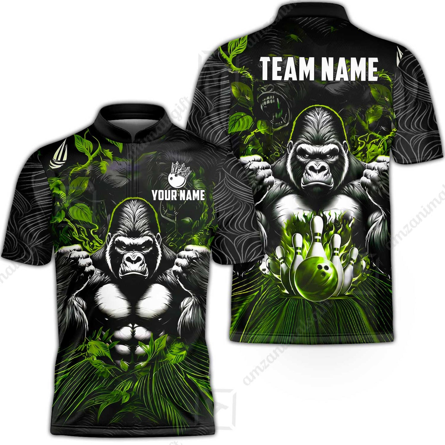 Custom Bowling Jersey Polo Shirt, Furious Gorilla Mascot, Custom Bowling Jersey Team Shirt For Players With Name & Team Name