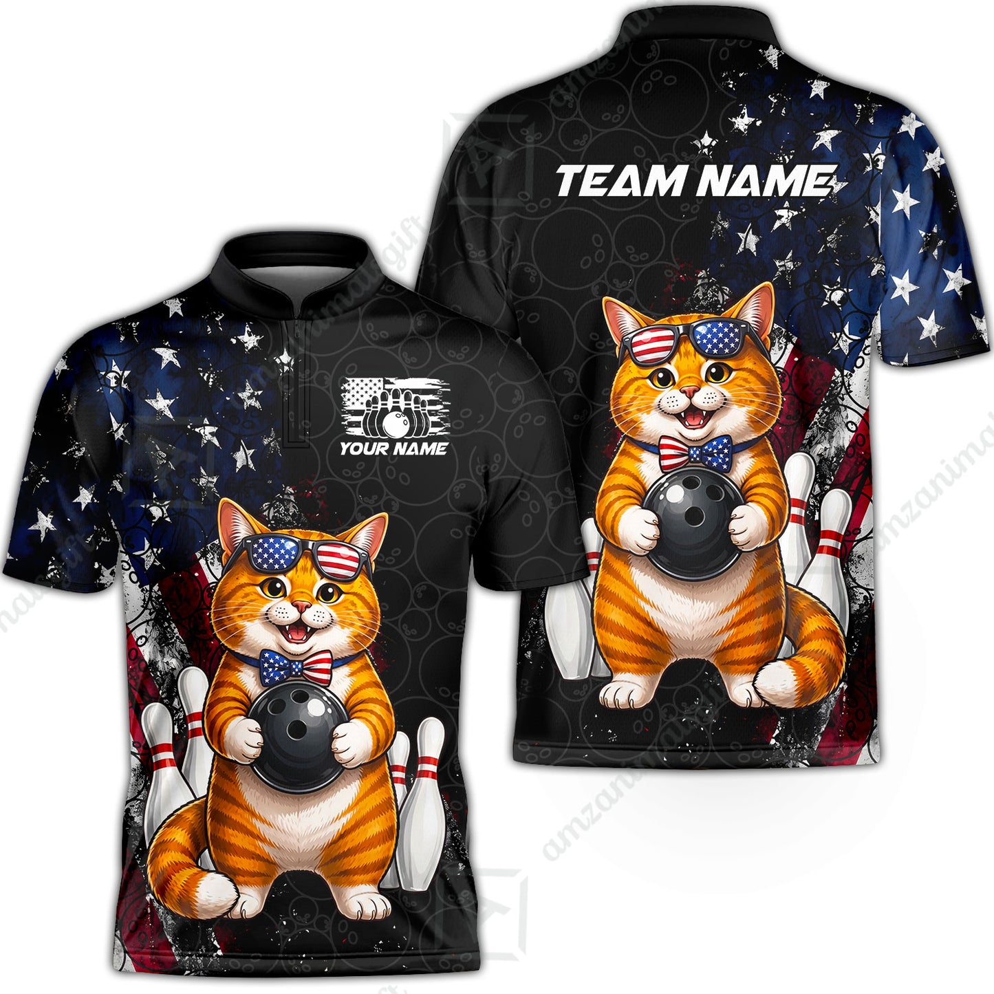 Custom Bowling Jersey Polo Shirt, Cat With Glasses And Bow Tie Bowling Pattern America Flag, Personalize Name and Team Name