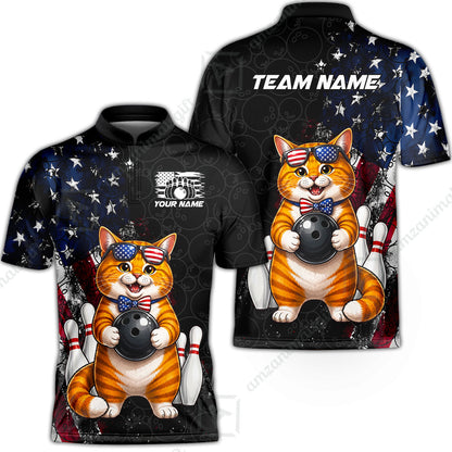 Custom Bowling Jersey Polo Shirt, Cat With Glasses And Bow Tie Bowling Pattern America Flag, Personalize Name and Team Name