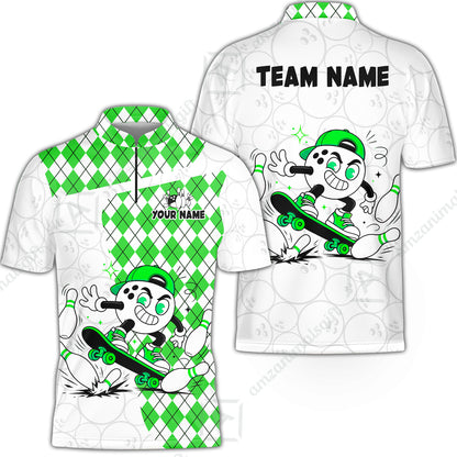 Custom Bowling Jersey Polo Shirt, Skateboarder Bowling Ball Mascot, Custom Bowling Jersey Team Shirt For Players With Name and Team Name