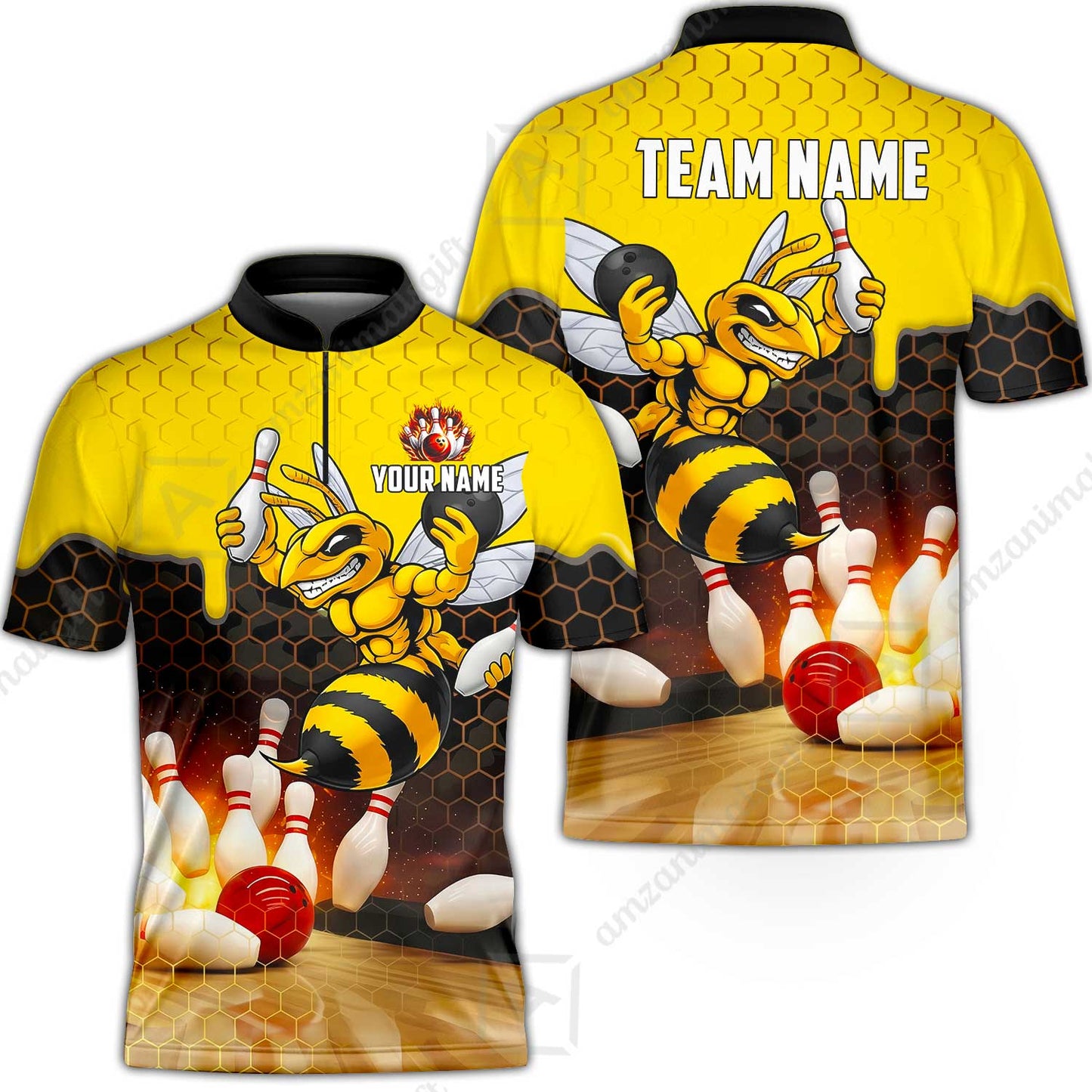 Customized Hornet Strike & Honeycomb Dripping Bowling Jersey, Custom Name And Team Name For Bowlers