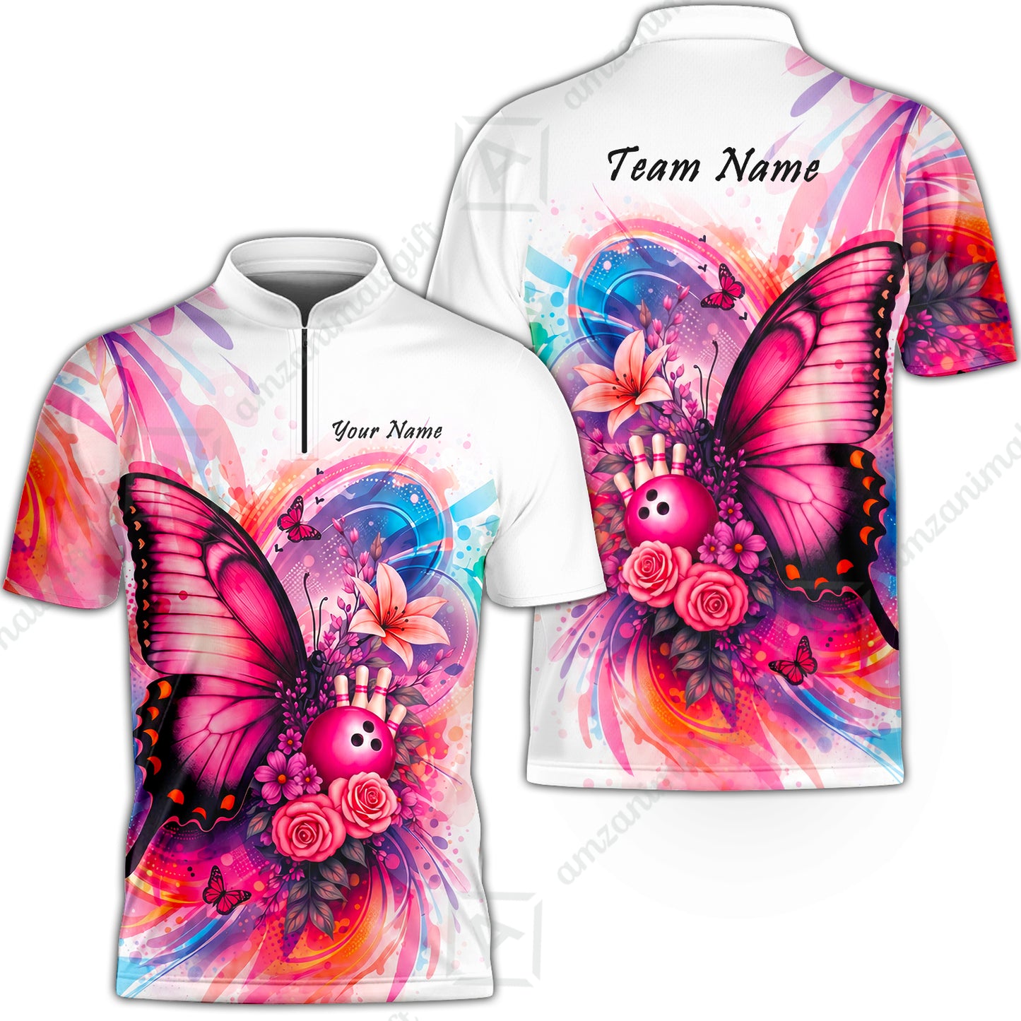 Custom Bowling Jersey Polo Shirt, Watercolor Pink Butterfly Bloom, Custom Bowling Jersey Team Shirt For Players With Name and Team Name
