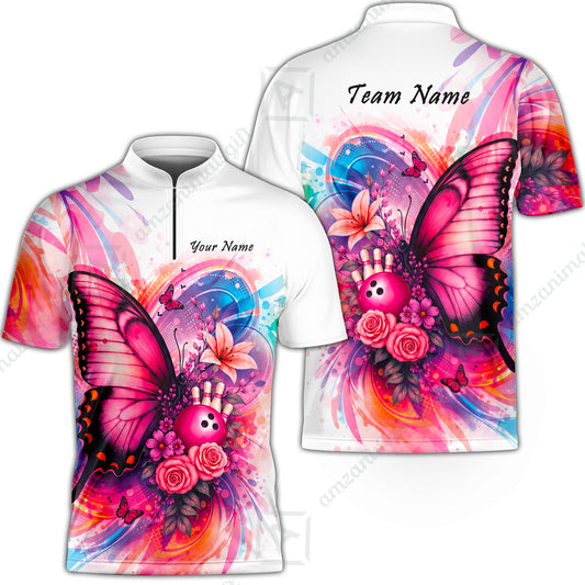 Custom Bowling Jersey Polo Shirt, Watercolor Pink Butterfly Bloom, Custom Bowling Jersey Team Shirt For Players With Name and Team Name