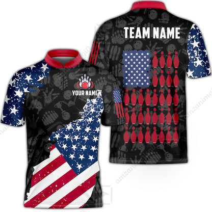 Custom Bowling Jersey Polo Shirt, Americana Patriotic Distressed Flag, Custom Bowling Jersey Team Shirt For Players With Name and Team Name