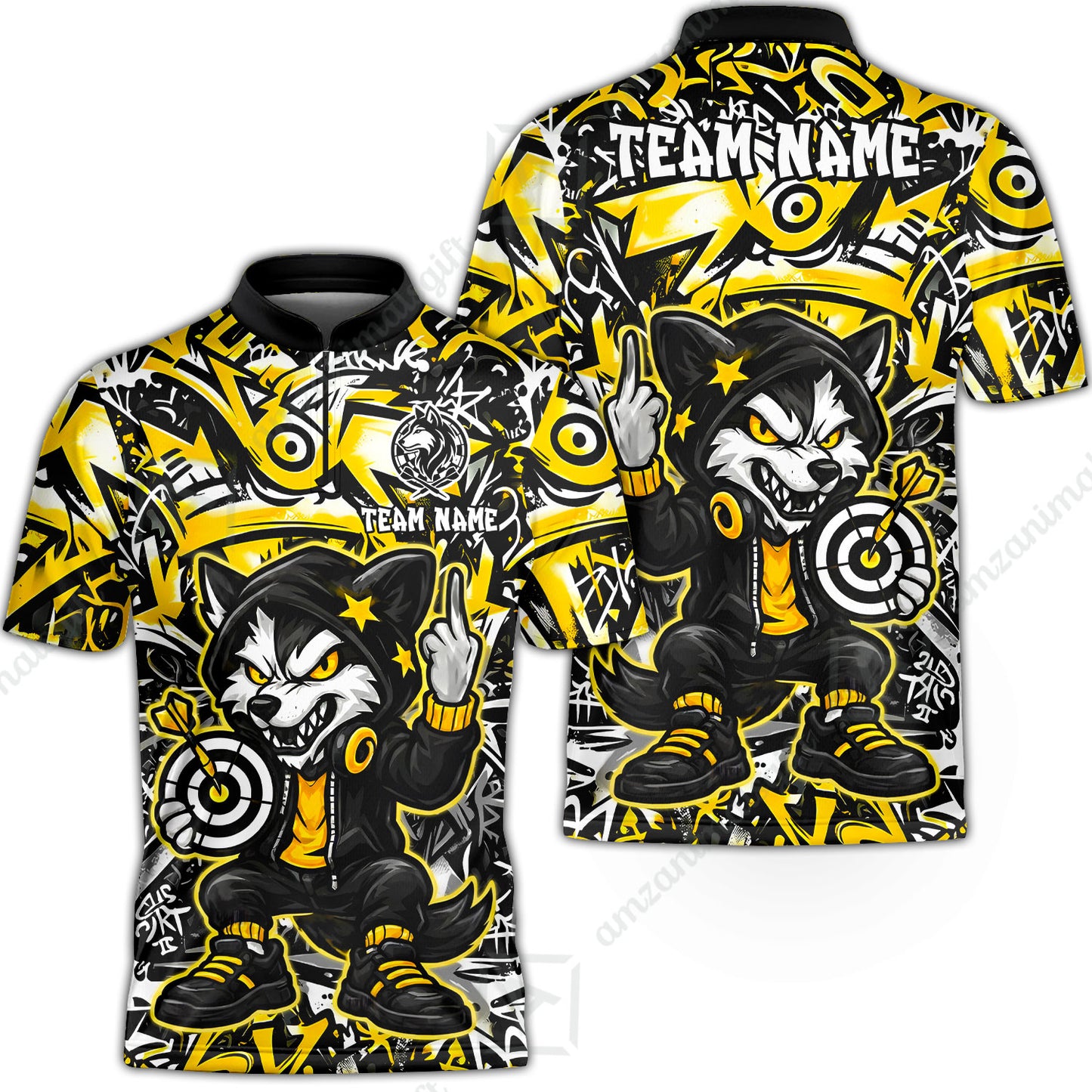 Customized Darts Team Uniform Shirt, Cool Cartoon Wolf With Dartboard, Personalized Name And Team Name