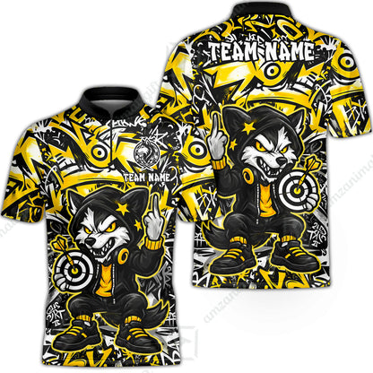 Customized Darts Team Uniform Shirt, Cool Cartoon Wolf With Dartboard, Personalized Name And Team Name