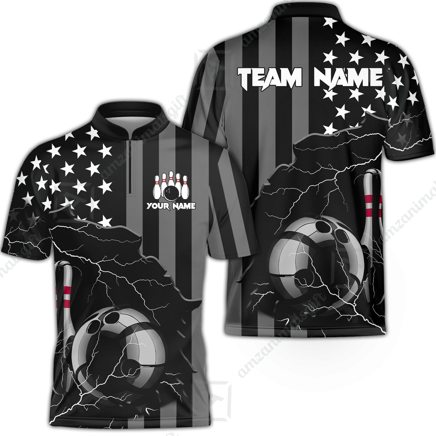 Custom Bowling Jersey Polo Shirt, Monochrome Lightning Flag Storm, Custom Bowling Jersey Team Shirt For Players With Name and Team Name