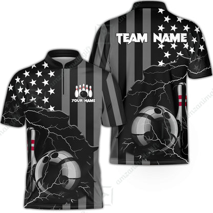Custom Bowling Jersey Polo Shirt, Monochrome Lightning Flag Storm, Custom Bowling Jersey Team Shirt For Players With Name and Team Name