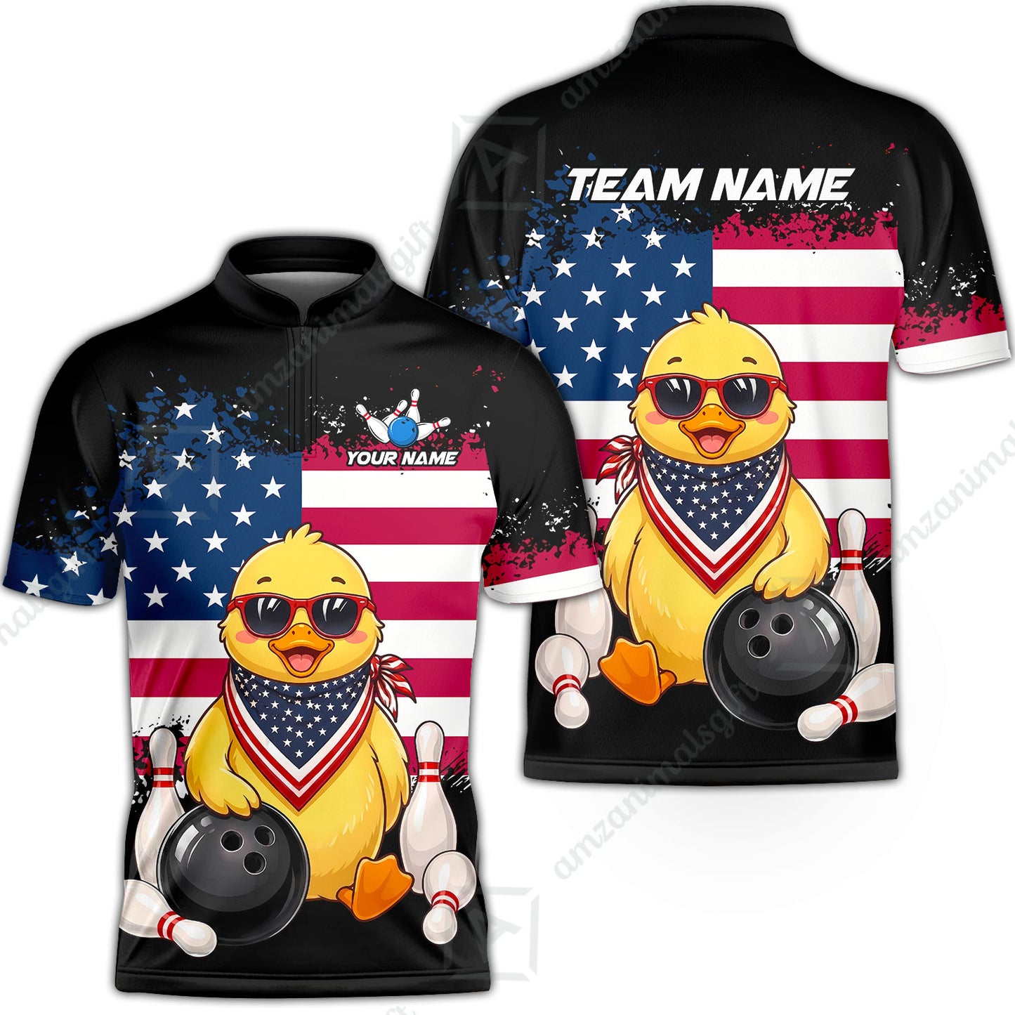 Custom Bowling Jersey Polo Shirt, Animal With Glasses And Bandana America Flag, Personalize Name & Team Name