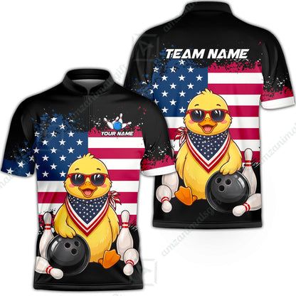 Custom Bowling Jersey Polo Shirt, Animal With Glasses And Bandana America Flag, Personalize Name & Team Name
