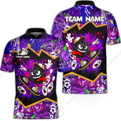 Customized Bowling Unisex Polo Shirt, Skater Bowling Ball Attack, Bowling Uniform, Personalized Name And Team Name