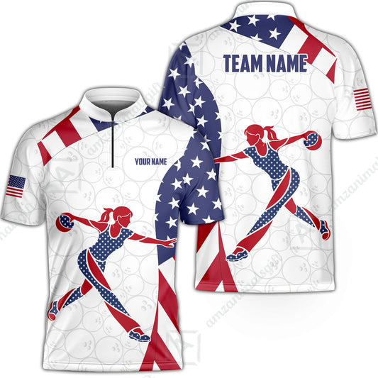 Custom Bowling Jersey Polo Shirt, Patriotic Bowler Silhouette Stars and Stripes, Custom Bowling Jersey Team Shirt For Players With Name and Team Name