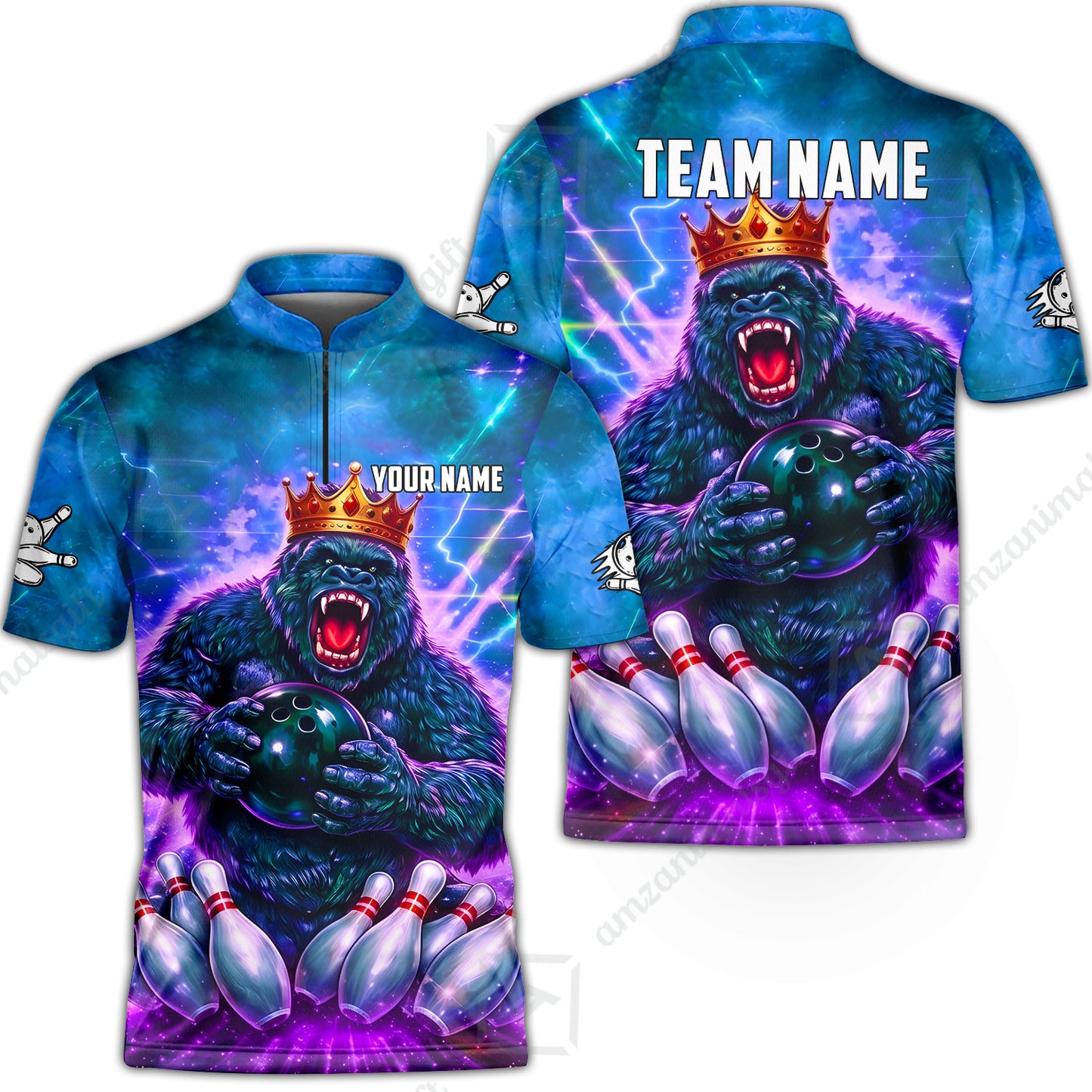 Custom Bowling Jersey Polo Shirt, King Gorilla Holding Bowling Ball, Custom Bowling Jersey Team Shirt For Players With Name & Team Name