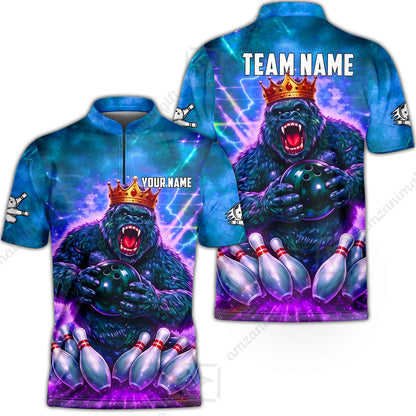 Custom Bowling Jersey Polo Shirt, King Gorilla Holding Bowling Ball, Custom Bowling Jersey Team Shirt For Players With Name & Team Name