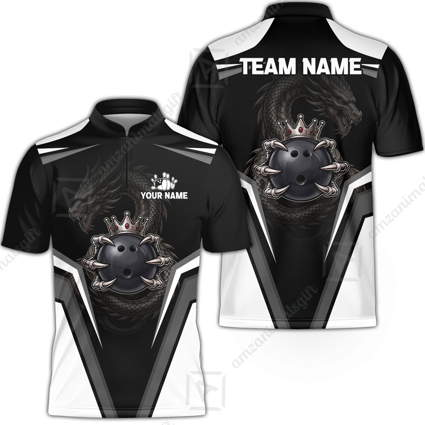 Custom Bowling Jersey Polo Shirt, Gothic Dark Dragon Royal Crown, Custom Bowling Jersey Team Shirt For Players With Name and Team Name