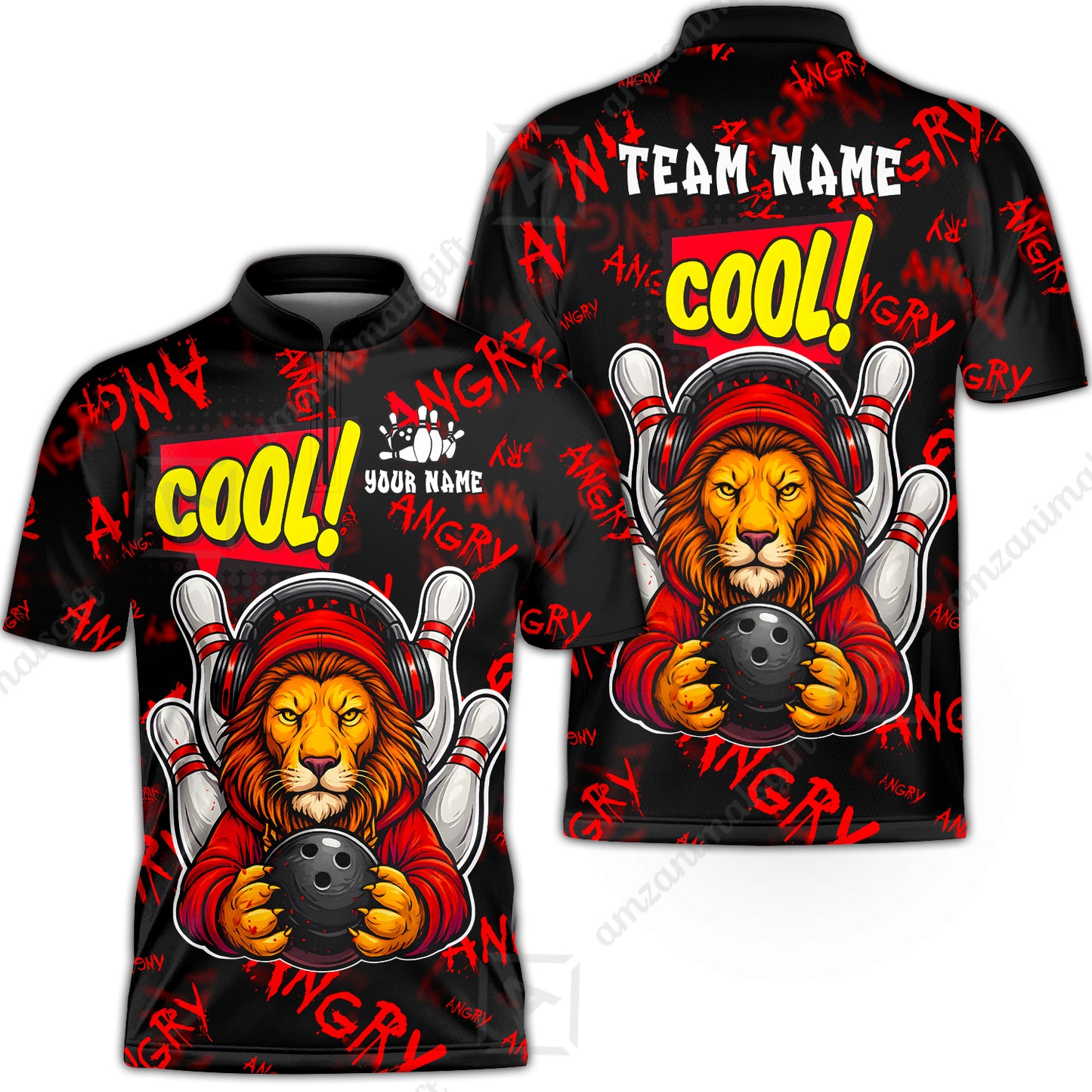 Custom Bowling Jersey Polo Shirt, Cool Lion Holding Ball, Personalize Name and Team Name