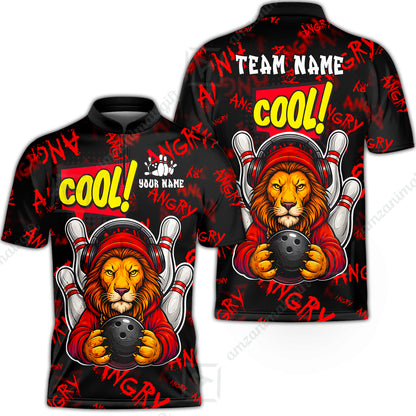 Custom Bowling Jersey Polo Shirt, Cool Lion Holding Ball, Personalize Name and Team Name