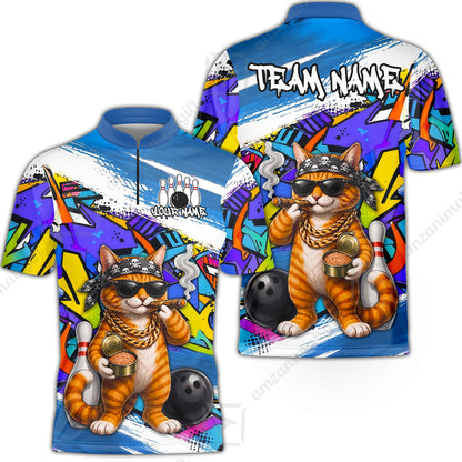 Custom Bowling Jersey Polo Shirt, Cat Graffiti Bowling, Personalize Name and Team Name