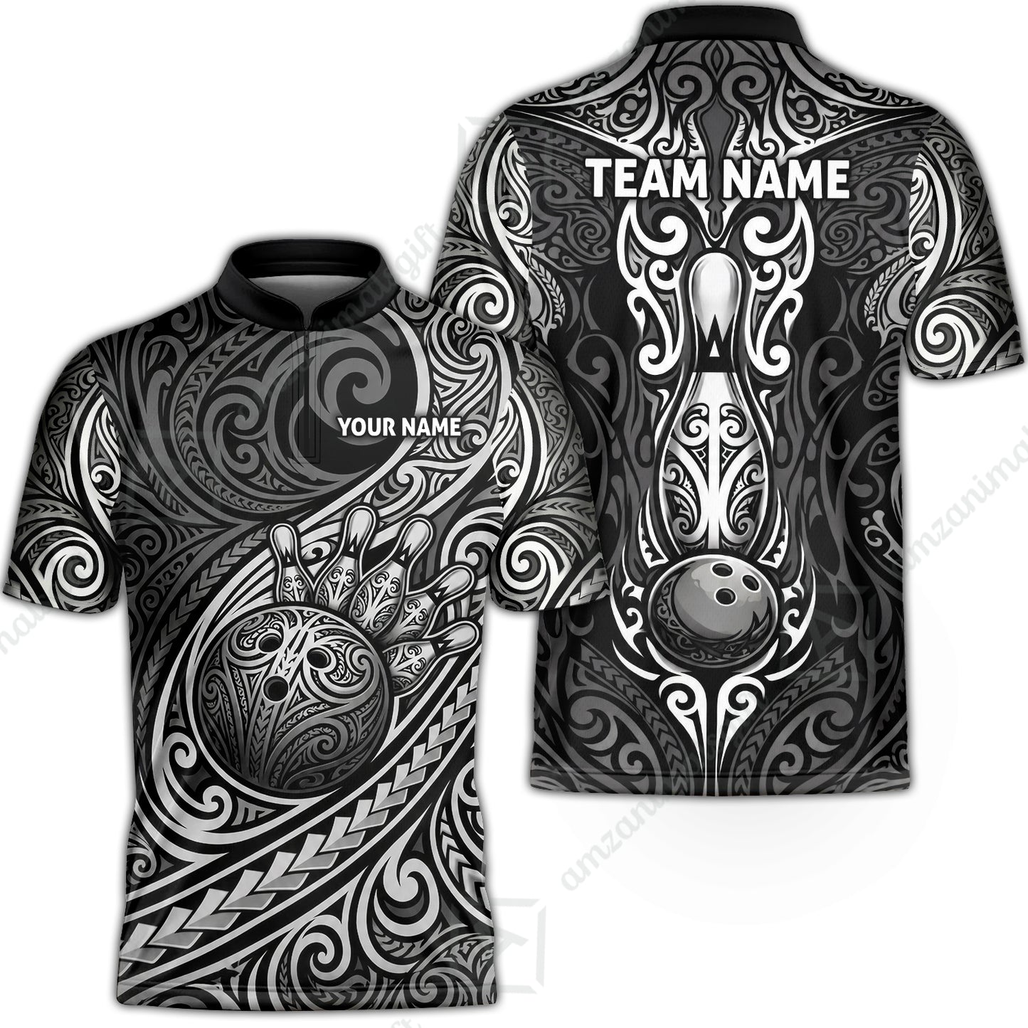 Custom Bowling Jersey Polo Shirt, Intricate Monochrome Tribal Spirit Bowling, Custom Bowling Jersey Team Shirt For Players With Name and Team Name