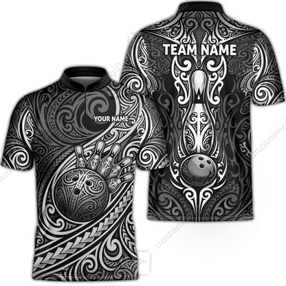 Custom Bowling Jersey Polo Shirt, Intricate Monochrome Tribal Spirit Bowling, Custom Bowling Jersey Team Shirt For Players With Name and Team Name
