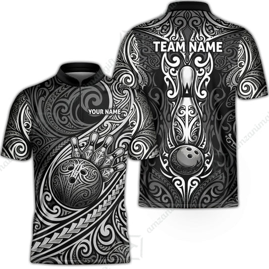 Custom Bowling Jersey Polo Shirt, Intricate Monochrome Tribal Spirit Bowling, Custom Bowling Jersey Team Shirt For Players With Name and Team Name