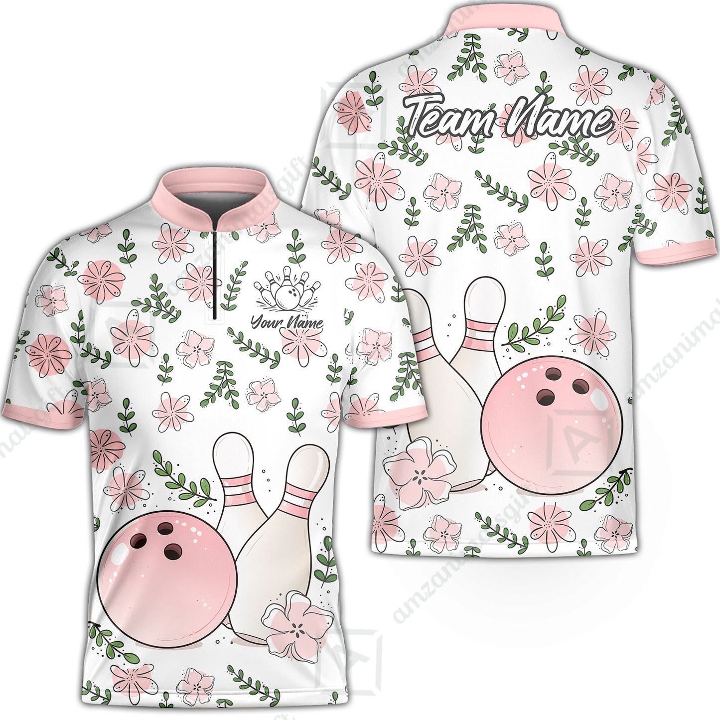 Custom Bowling Jersey Polo Shirt, Pink Floral Bowling, Custom Bowling Jersey Team Shirt For Players With Name & Team Name