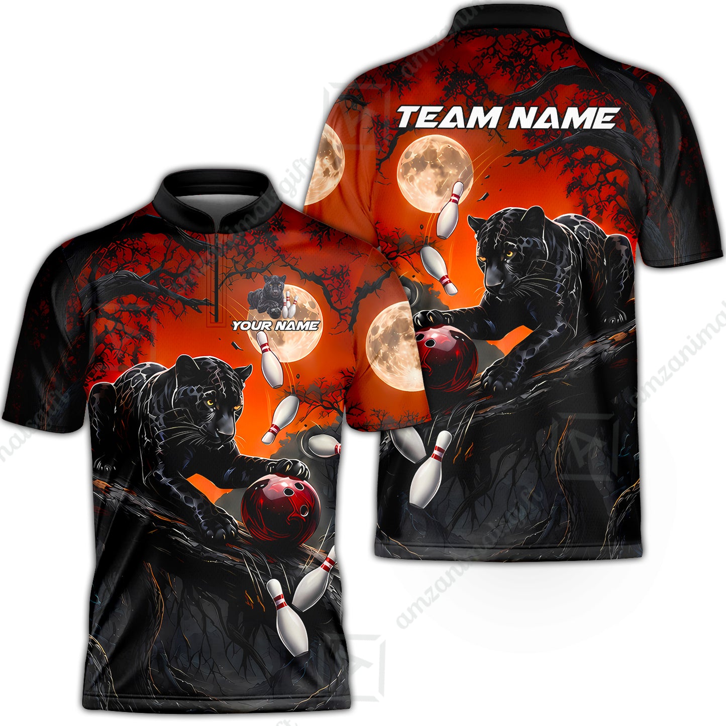 Customized Bowling Shirt, Midnight Panther, Personalized Polo Shirt For Players With Name & Team Name