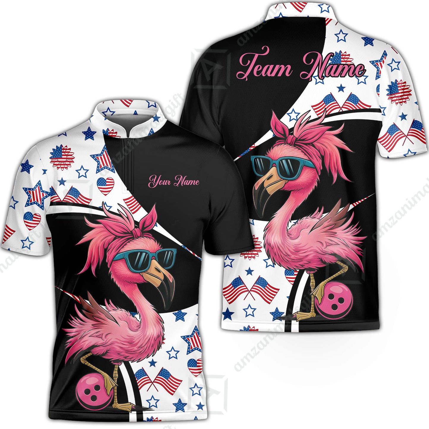 Custom Flamingo America Flag Bowling Jersey Polo Shirt, Custom Flamingo America Flag Bowling Jersey Team Shirt For Players With Name & Team Name