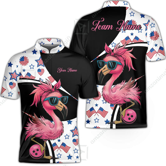 Custom Flamingo America Flag Bowling Jersey Polo Shirt, Custom Flamingo America Flag Bowling Jersey Team Shirt For Players With Name & Team Name