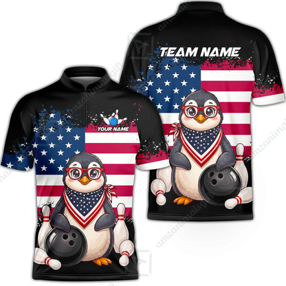 Custom Bowling Jersey Polo Shirt, Animal With Glasses And Bandana America Flag, Personalize Name & Team Name
